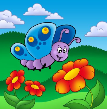 Cute butterfly near red flowers clipart