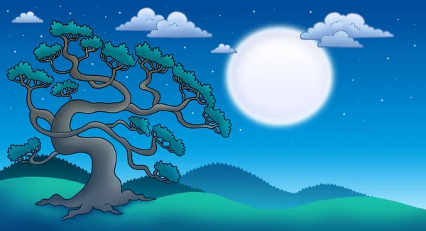 Nacht landschap met oude pijnboom — Stockfoto