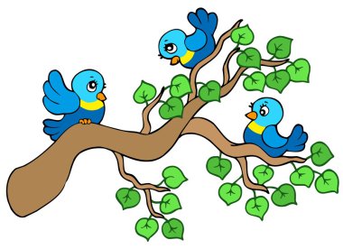 Three small birds sitting on branch clipart