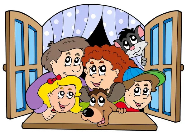 Gelukkige familie in venster openen — Stockvector