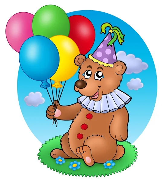 Bear clown with balloons on meadow — Stock Photo, Image