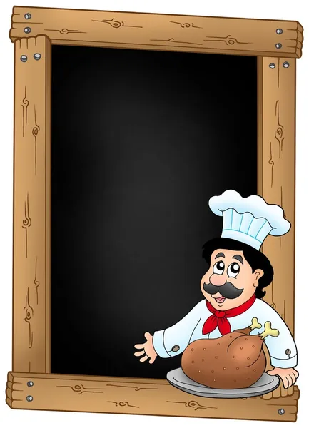 Blackboard and chef with meal — Stockfoto