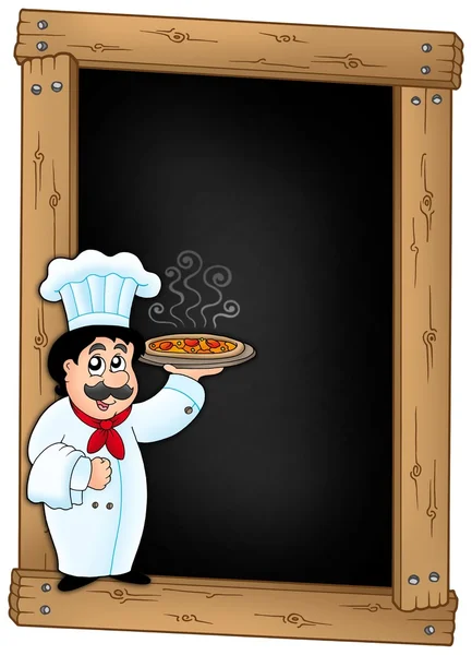 Blackboard with chef holding pizza — Stock Photo, Image