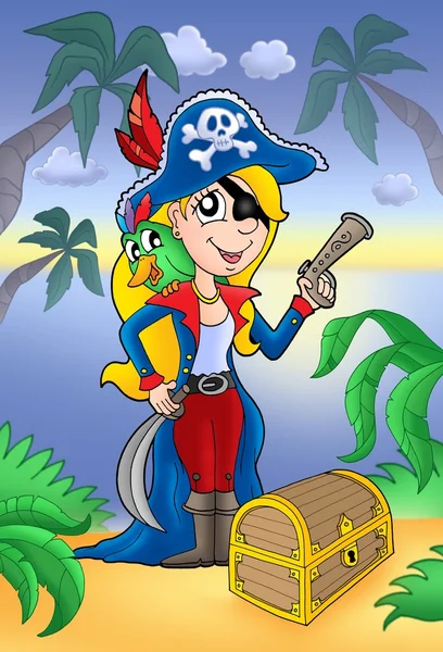 Blond pirate women with treasure chest — Stok fotoğraf