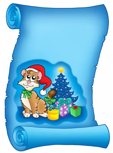 Pergamino azul con gato de Navidad — Foto de Stock