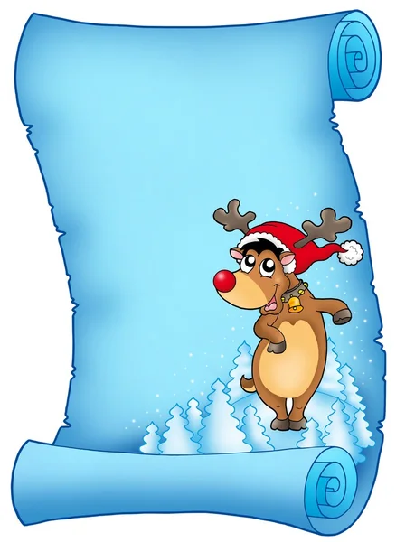 Noel reindeer ile mavi parşömen — Stok fotoğraf