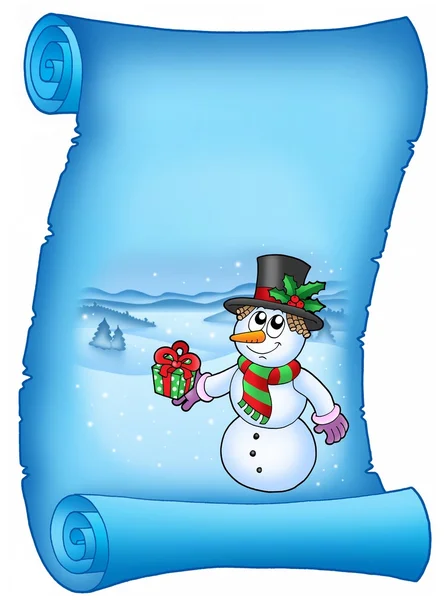 Blaues Pergament mit weihnachtlichem Schneemann — Stockfoto