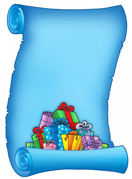 Pergaminho azul com pilha de presentes — Fotografia de Stock