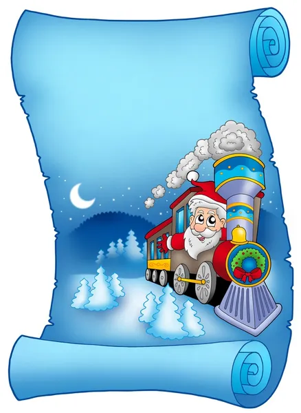 Pergamena blu con Babbo Natale in treno — Foto Stock
