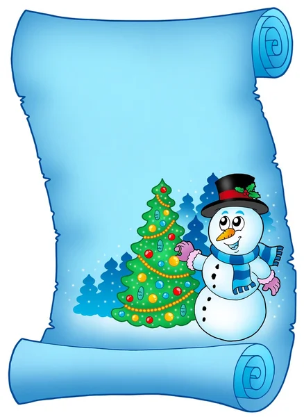 Blue parchment with snowman and tree — Stock Photo, Image