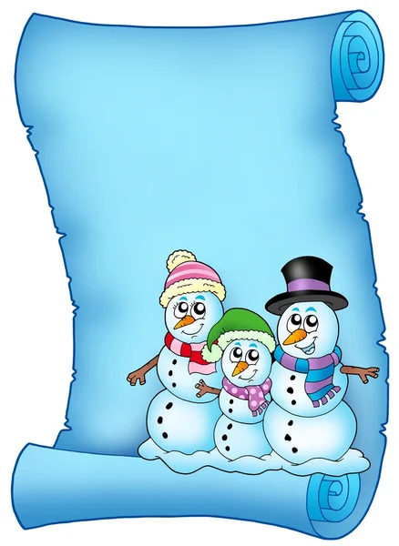 Pergamino azul con familia de muñecos de nieve —  Fotos de Stock