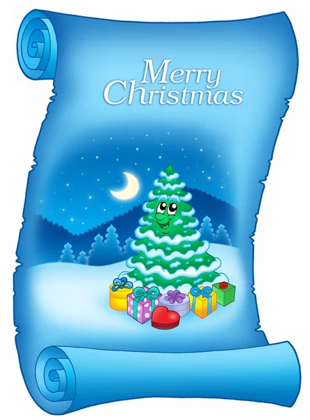 Blaues Pergament mit schneebedecktem Weihnachtsbaum — Stockfoto