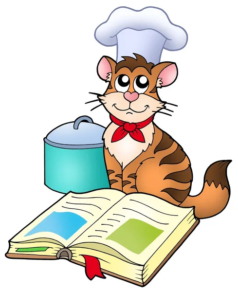 Karikatür kedi Şef yemek tarifi kitabı ile — Stok fotoğraf