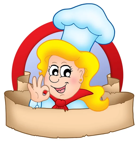 Cartoon chef woman logo with banner — Stock Photo, Image