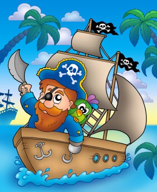 Cartoon pirate sailing on ship clipart