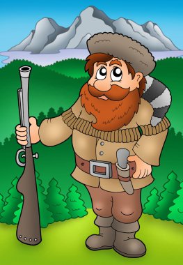 Cartoon trapper with mountains clipart