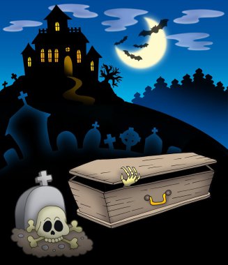 Cemetery with haunted house clipart