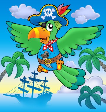 Flying pirate parrot with boat clipart