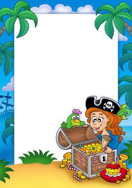 Frame with pirate girl and treasure clipart