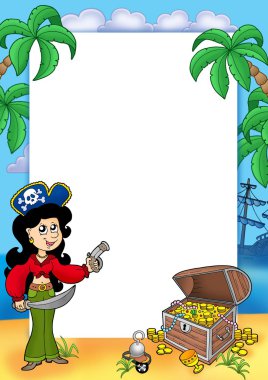 Frame with pirate girl and treasure 1 clipart