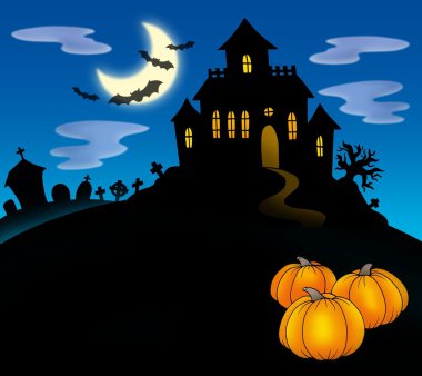 Haunted house with pumpkins clipart