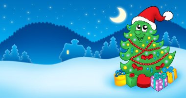 Christmas card with Santa tree and gift clipart