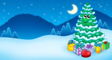 Christmas card with tree and gifts clipart