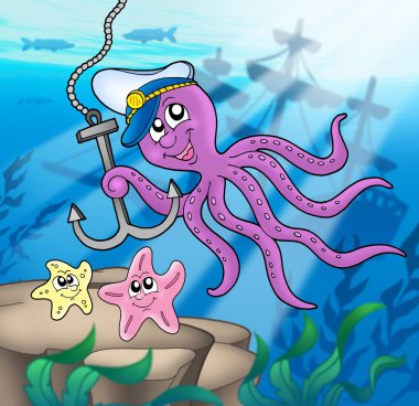 Octopus with anchor and starfishes clipart