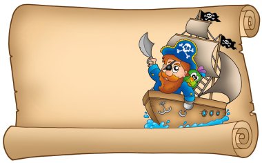 Old parchment with pirate on ship clipart