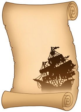 Old scroll with myster. ship silhouette clipart