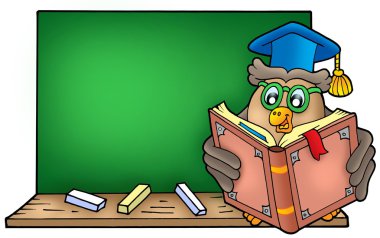 Owl teacher reading book on blackboard clipart