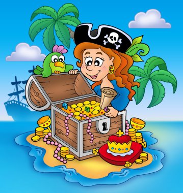 Pirate girl and treasure clipart