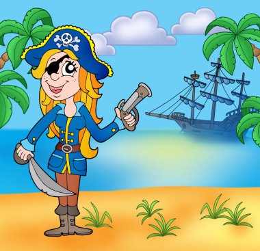 Pirate girl on beach 3 clipart