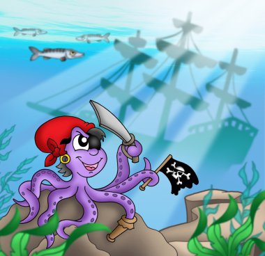 Pirate octopus near ship underwater clipart