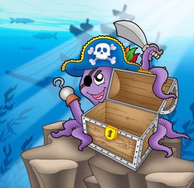 Pirate octopus with chest in sea clipart