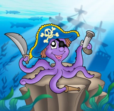 Pirate octopus with shipwreck clipart