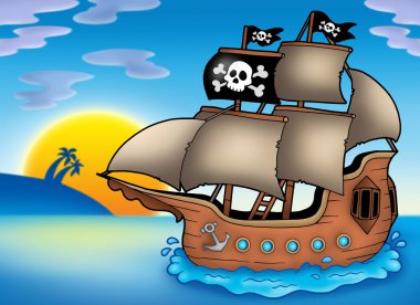 Pirate ship on sea clipart