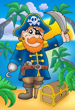 Pirate with sabre and treasure chest clipart