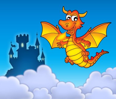 Red dragon with castle clipart