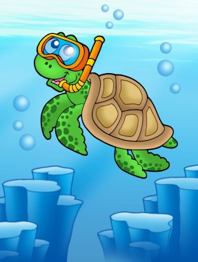 Sea turtle snorkel diver underwater clipart