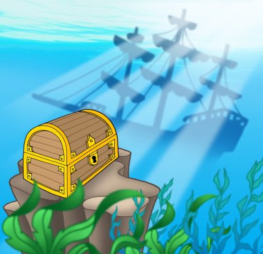 Treasure chest with shipwreck clipart