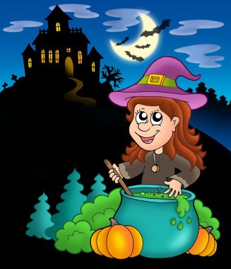 Wizard girl with haunted house clipart