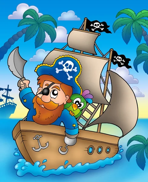 Cartoon piraat op schip zeilen — Stockfoto