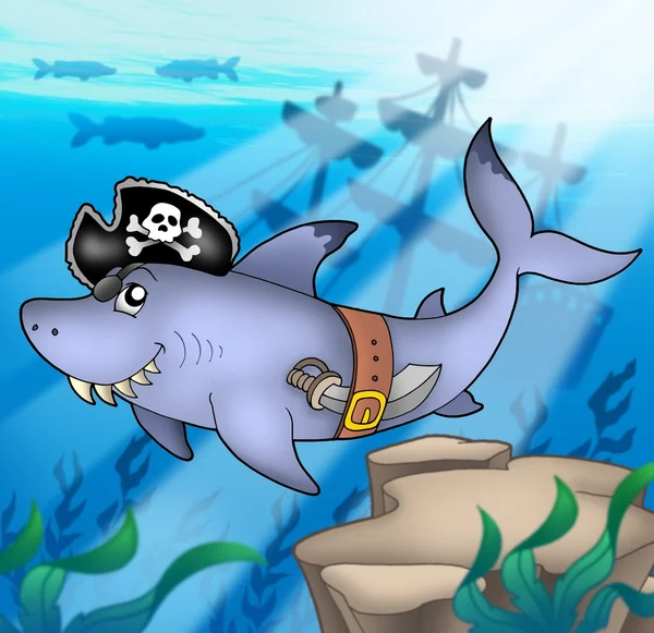 Tiburón pirata de dibujos animados con naufragio —  Fotos de Stock