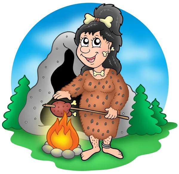 Мультфільм доісторична жінка перед печерою — стокове фото