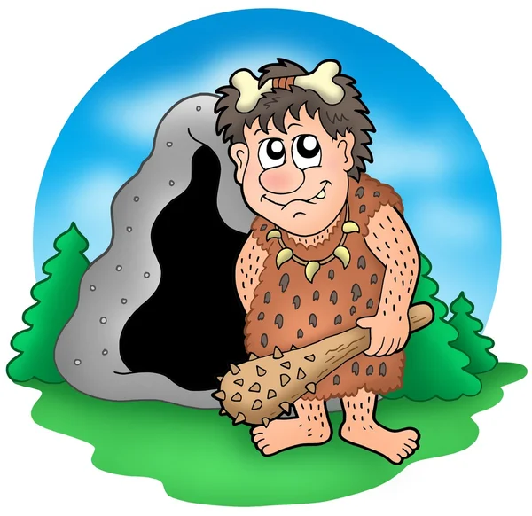 Мультфильм доисторический человек перед пещерой — стоковое фото