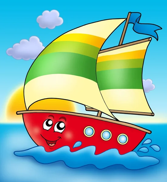 Barco à vela dos desenhos animados com pôr do sol — Fotografia de Stock