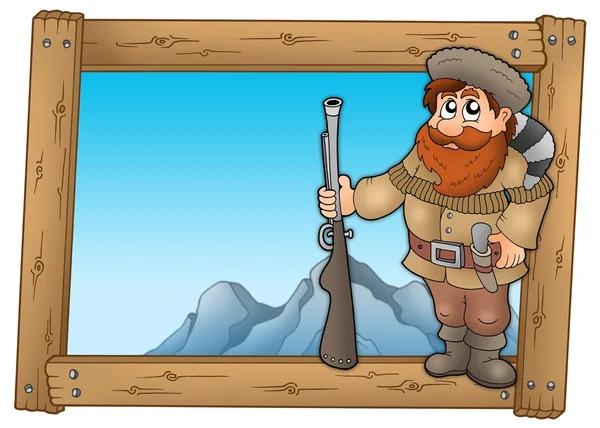 Cartoon trapper in wooden frame — Stock Photo, Image