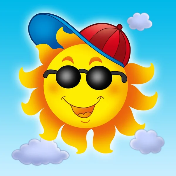 Kreslený slunce v čepici na modré obloze — Stock fotografie
