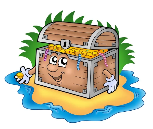 Cartoon treasure chest on island — Stock Photo, Image